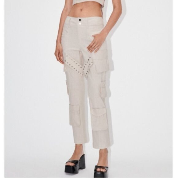 Zara Linen Blend Cargo Pants in Ivory - Picture 2 of 5